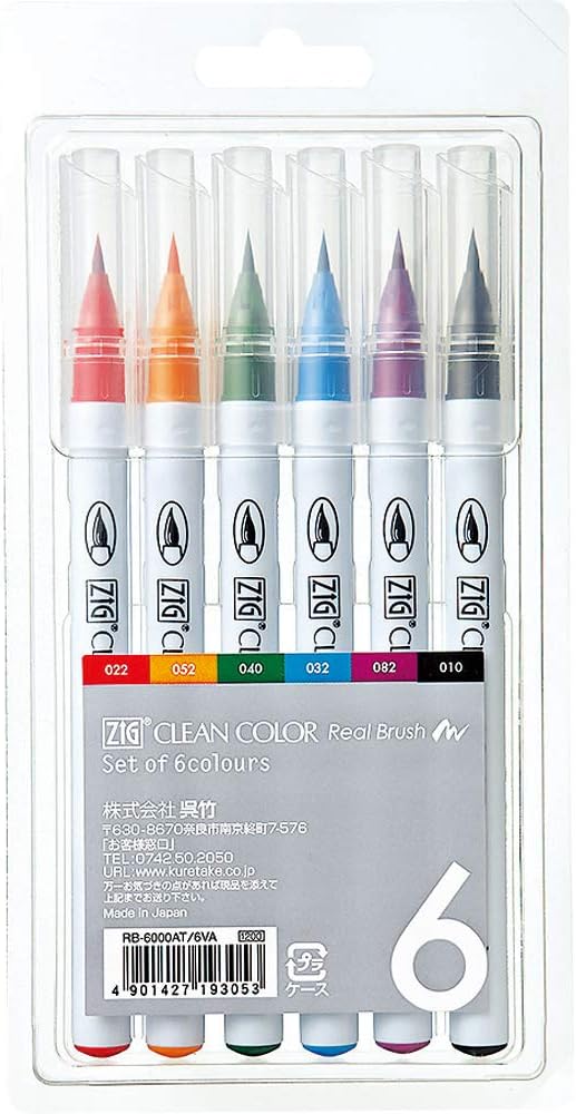 Kuretake ZIG Clean Color Real Brush Pens, 6 Colors with Flexible Brush Tips, Watercolor Pens for Painting, Drawing, Calligraphy and Brush Lettering for Artists and Beginner Painters, Made in Japan