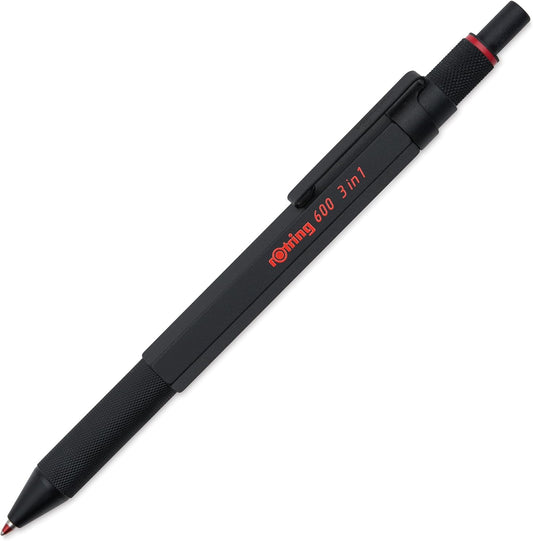 Rotring 600 3-in-1 Multicolor Pen and Mechanical Pencil, Black Barrel, Brass Mechanism, Fine Point Tips, Hexagonal Barrel, Metal Knurled Grip