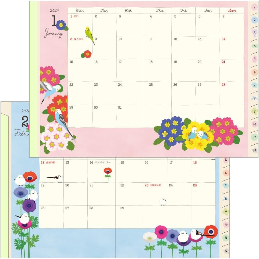 Midori Pocket Diary 22251006 Weekly Planner, 2024, A6, Clover Pattern, Starts January 2024 (bird pattern)