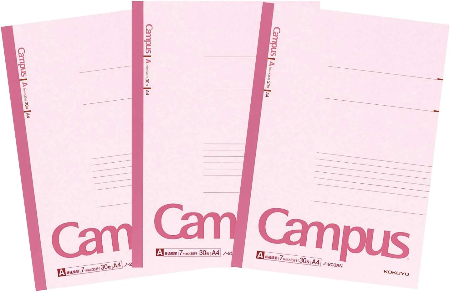 KOKUYO Campus Notebook, A 7mm Ruled, A4, 30 Sheets, 35 Lines, Pink, Pack of 3, Japan Import (NO-203AX3)