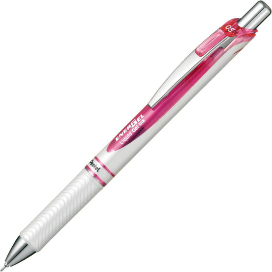 Pentel Energel Knock Ballpoint Pen, 0.5mm Needle Tip, Red Ink, Pearl White Body with Pink Accent (BLN75PW)