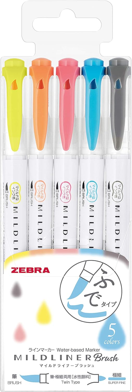 ZEBRA Highlighter Mildliner Brush, 5 Friendly Color Set (WFT8-N-5C)