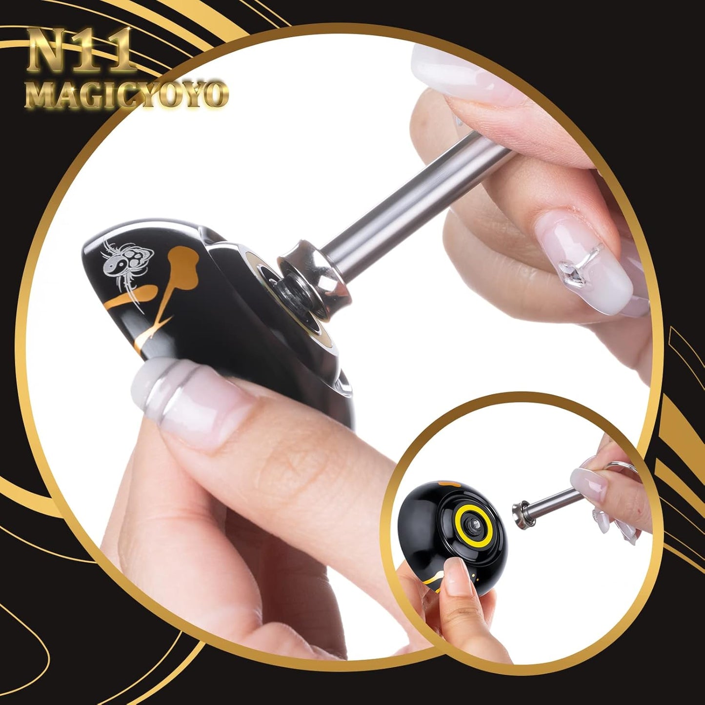 MAGICYOYO N11 Professional Unresponsive Yoyo N11 Dual Purpose Alloy Trick YoYo Ball (Black with Golden) with Bag, Glove, 12 Yoyo Strings and Responsive Bearing Kit