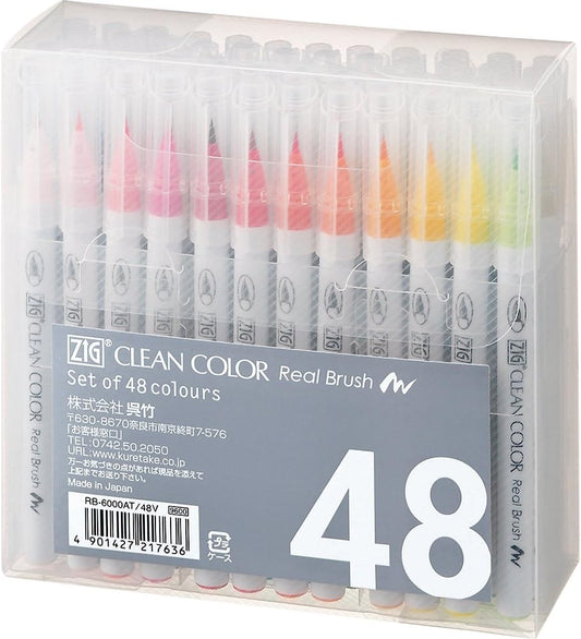 Kuretake ZIG CLEAN COLOR Real Brush 48 Colors set, AP-Certified, Flexible Brush Tip, Professional quality, Odorless, Xylene Free, Easy to create narrow and wide lines, Made in Japan