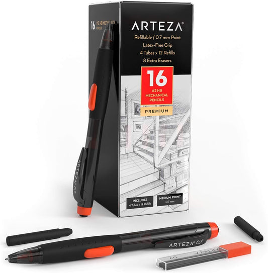 ARTEZA HB Mechanical Pencil Pack of 16, 0.7 Millimeter Medium Point Lead, 48 Refills and Replaceable Eraser, Latex-Free Grip, Office, School Supplies