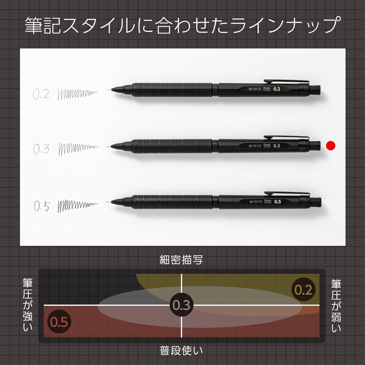 Pentel Orennero Mechanical Pencil, 0.3mm, PP3003-A, Black