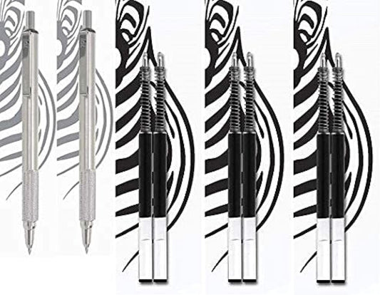 ZEBRA F-701 Stainless Steel Ballpoint Retractable Pen 0.8mm & Ballpoint F-Refills 0.7mm, Black Ink, 2 Pen & 8 Refills