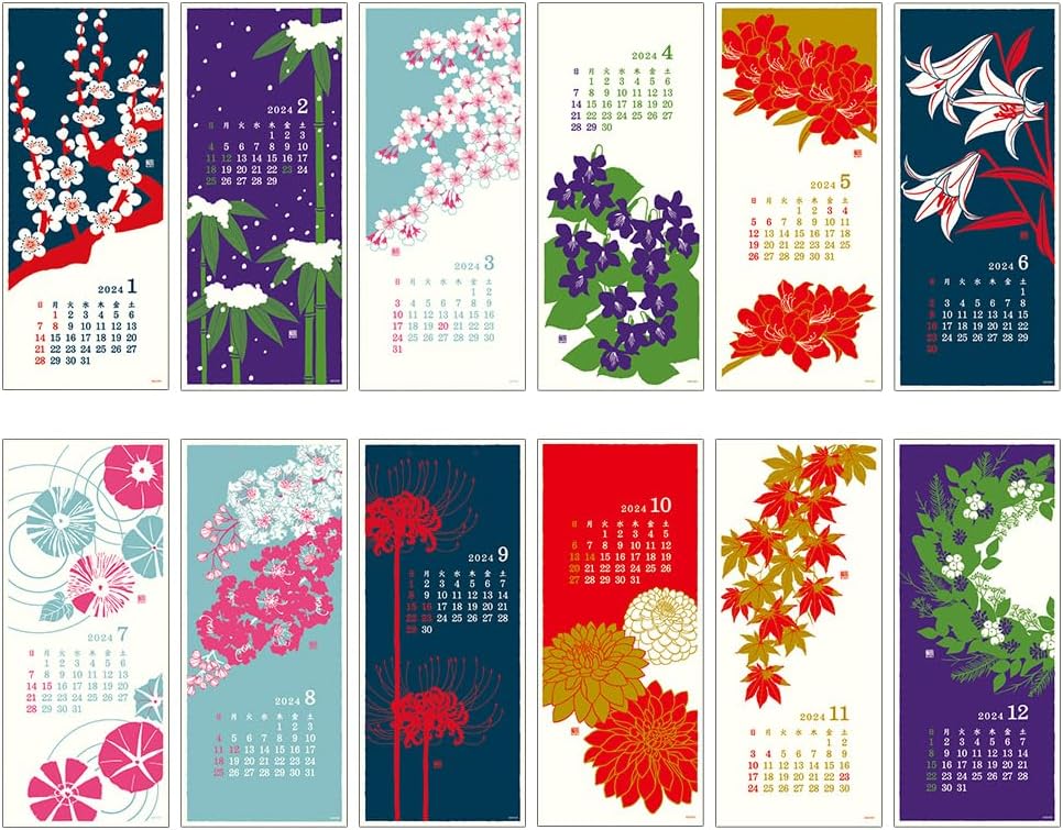 Midori 3130006 2024 Calendar, Wall Hanging, L, Echizen Washi Paper, Traditional Pattern (L (Stalk))