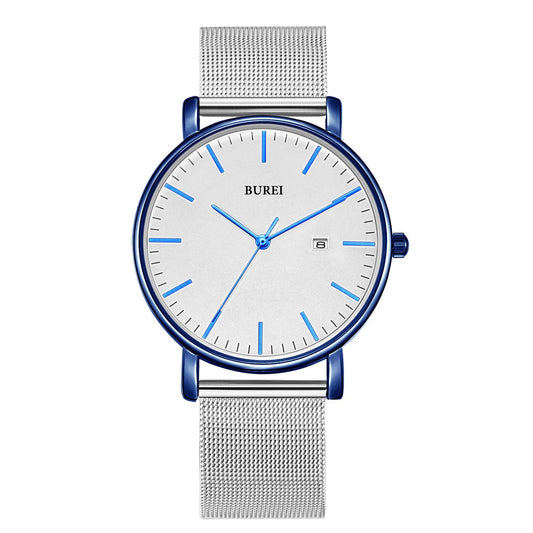 BUREI Men's Fashion Minimalist Wrist Watch Analog Date with Stainless Steel Mesh Band(White Blue Face Silver Band)