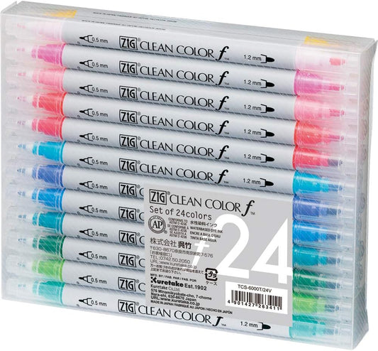 Kuretake ZIG CLEAN COLOR f, 0.5 mm & 1.2 mm, AP-Certified, Odourless, Xylene Free, Suitable for dark paper, Perfect for illustrating, sketching, designing and cartooning. Made in Japan (24 colors set)