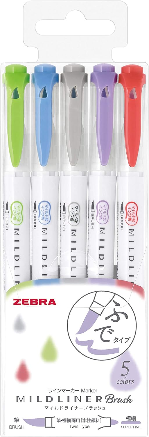 ZEBRA Highlighter Mildliner Brush Noble Color 5 Colors Set, WFT8-5C-NC