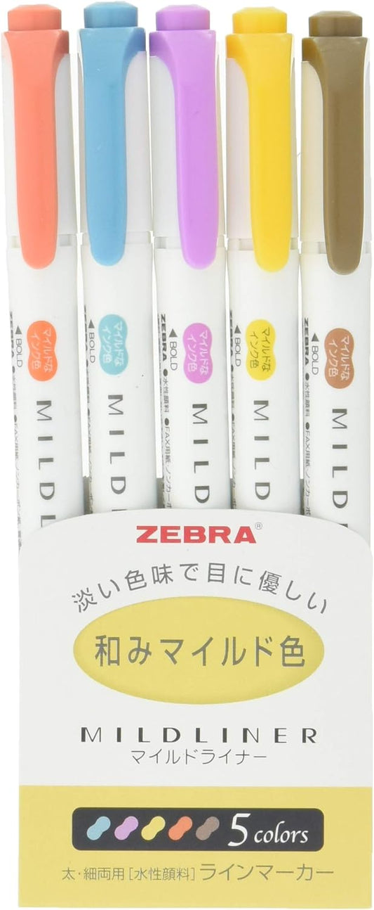 ZEBRA MILD LINER, Double Sided Highlighter, Refined Color, 5 Set (WKT7-5C-RC)