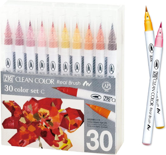 Kuretake ZIG Clean Color Real Brush, 30 colors set C, Flexible Brush Tips, Watercolor Pens for Painting, Drawing, Calligraphy and Brush Lettering for Artists, Made in Japan