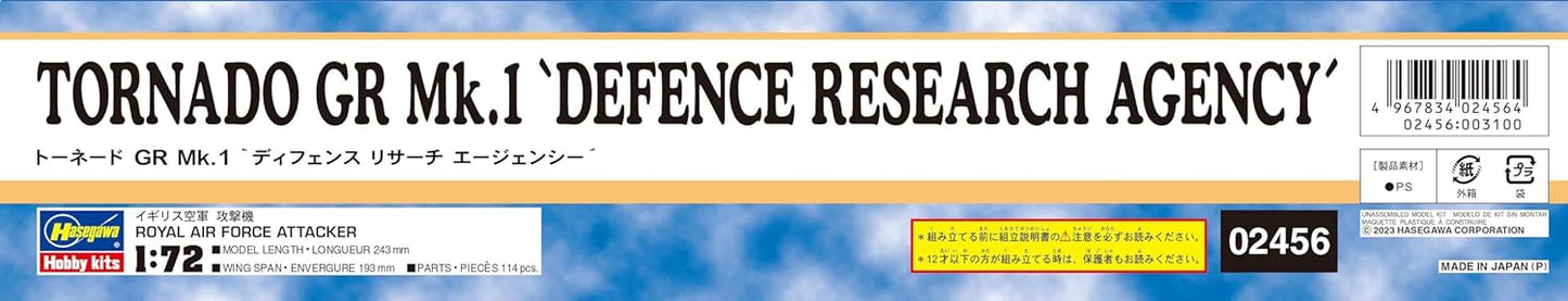 Hasegawa 1/72 Royal Air Force Tornado GR Mk.1 Defense Research Agency Plastic Model 02456