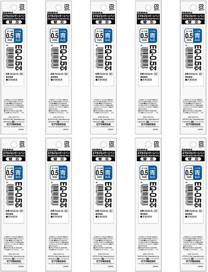 ZEBRA B-REQ5-BL Slari Oil-Based Ballpoint Pen Refill, EQ-0.5 Core, Blue, 10 Pieces