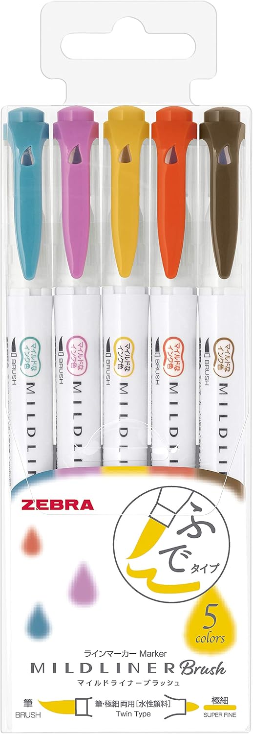 ZEBRA Mildliner Brush Highlighter Set – 5 Refined Colors (WFT8-5C-RC)