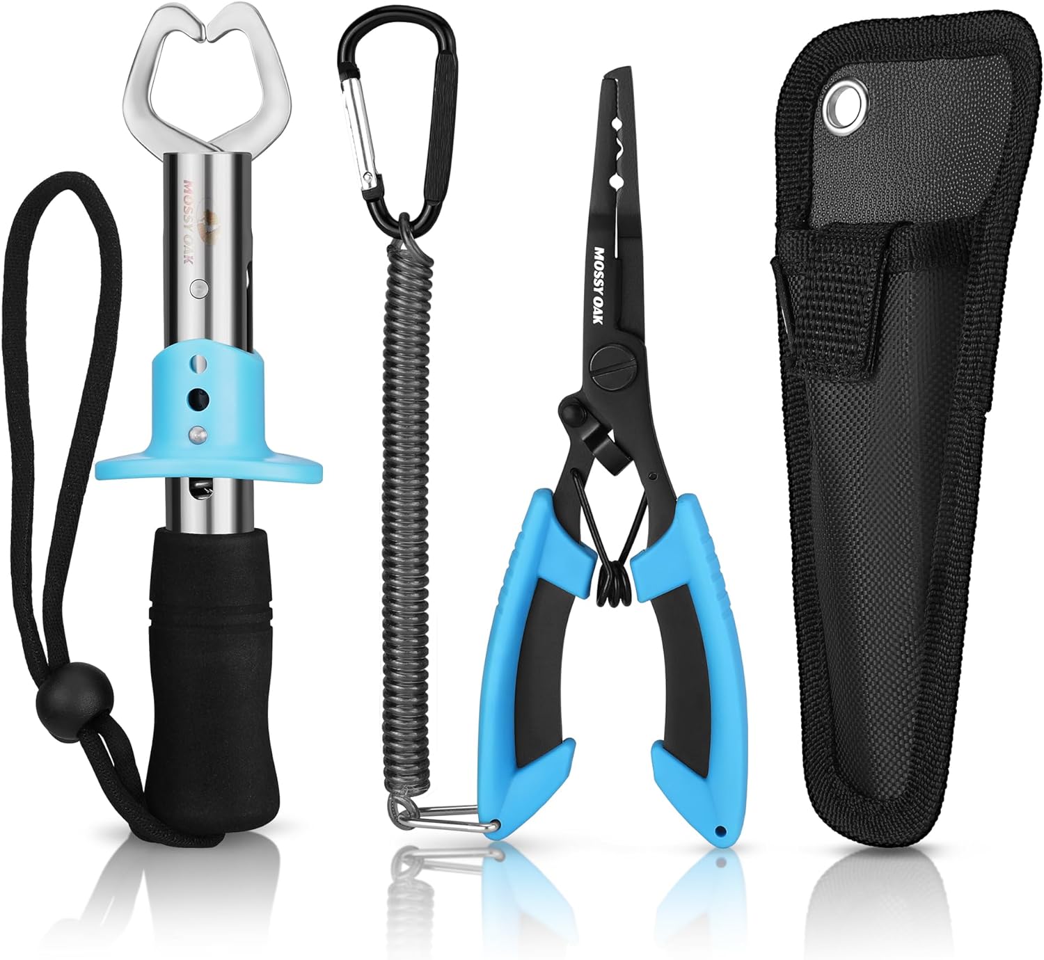 MOSSY OAK 2Pcs Fishing Tools Kit- Fishing Plier, Fish Lip Gripper, Multifunctional Fishing Hook Remover with Lanyards Sheath, Saltwater Resistant Fish