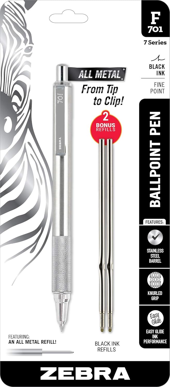 ZEBRA F-701 Metal Pen - Ballpoint Fine Point Stainless Steel - 0.8mm - Black Ink - Retractable ZEBRAs with 2 Black Ink Refills