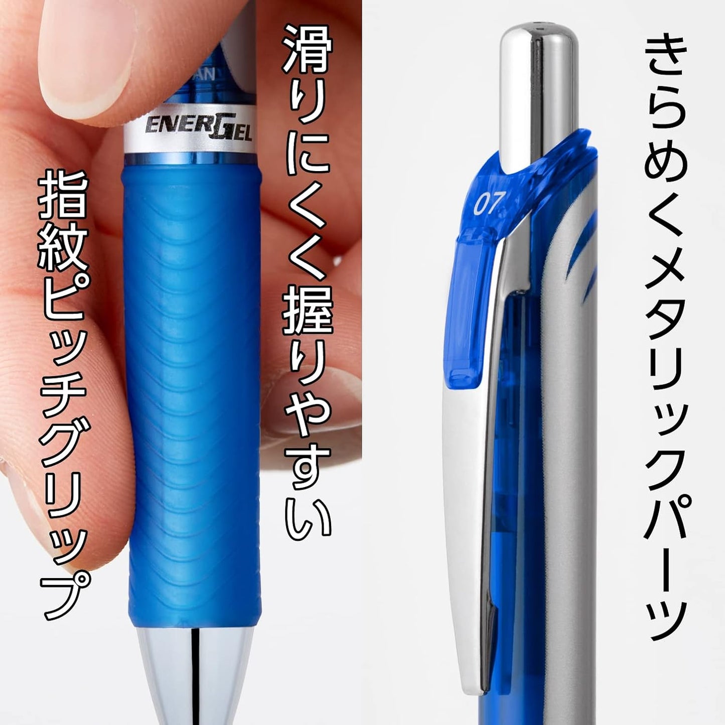 Pentel Energel Knock Ballpoint Pen, 0.5mm Needle Tip, Blue Ink, Silver Body with Blue Accent (BLN75Z-C)