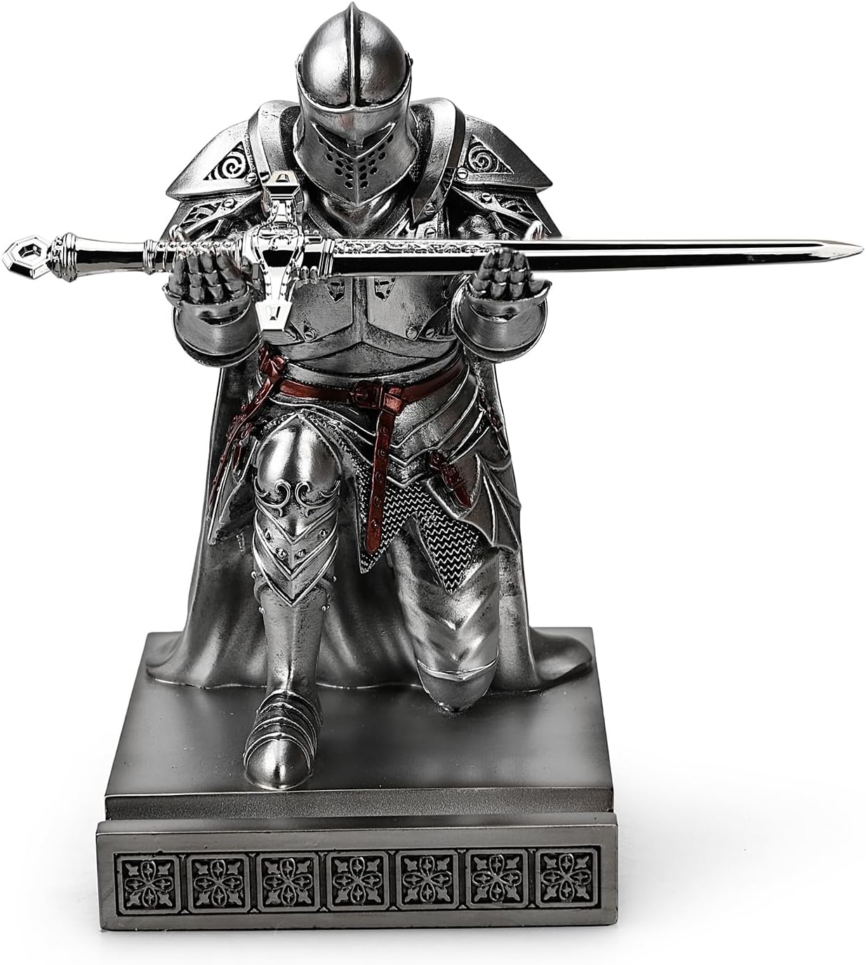 HDMbigmi King's Guard Leader Cloak Warrior Knight Pen Holder Mobile Phone Stand, Ornament Knight Statue, Pen Stand Paperweight with a Metal Sword Letter Opener for Office and Home (Silver)