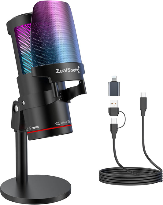 ZealSound Gaming USB Microphone,Noise Cancellation Condenser mic with RGB Light,Touch Mute,Gain,Monitoring for Streaming,Podcast,Twitch,YouTube,Discord,iPhone,iPad,PC,Computer,PS4,PS5,Mac,GamerWave