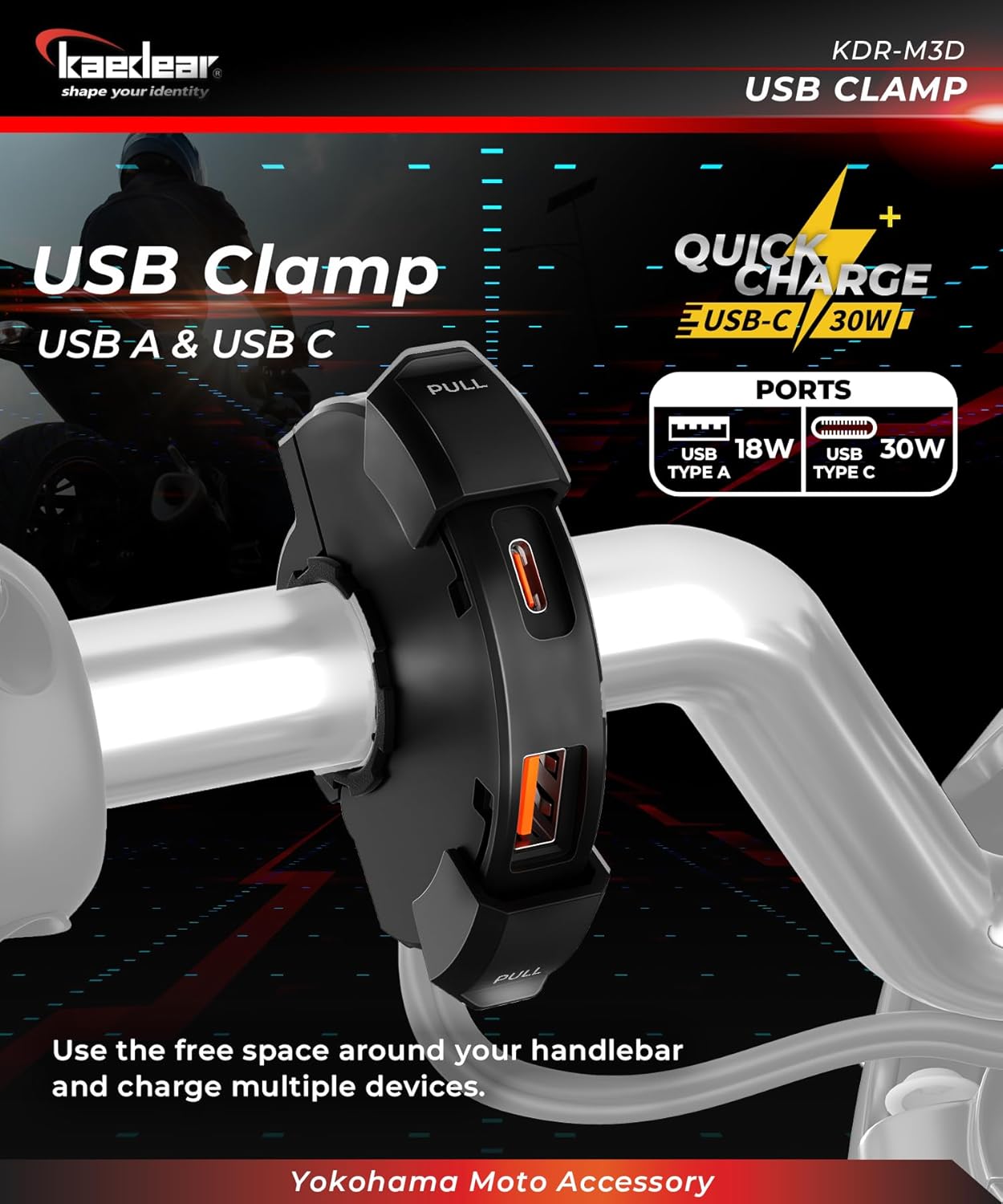 Kaedear KDR-M3D Motorcycle, USB Power Supply, USB Waterproof, Charging, Type A, Type C, 2 Ports, Output PD(30W) + QC3.0 (18W) SAE DC 12V