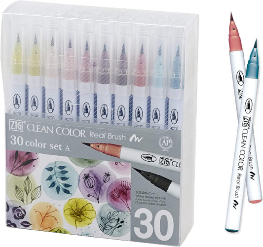 Kuretake RB-6000AT/30VA ZIG Clean Color Real Brush Colored Pens, Brush Pen, 30 Colors