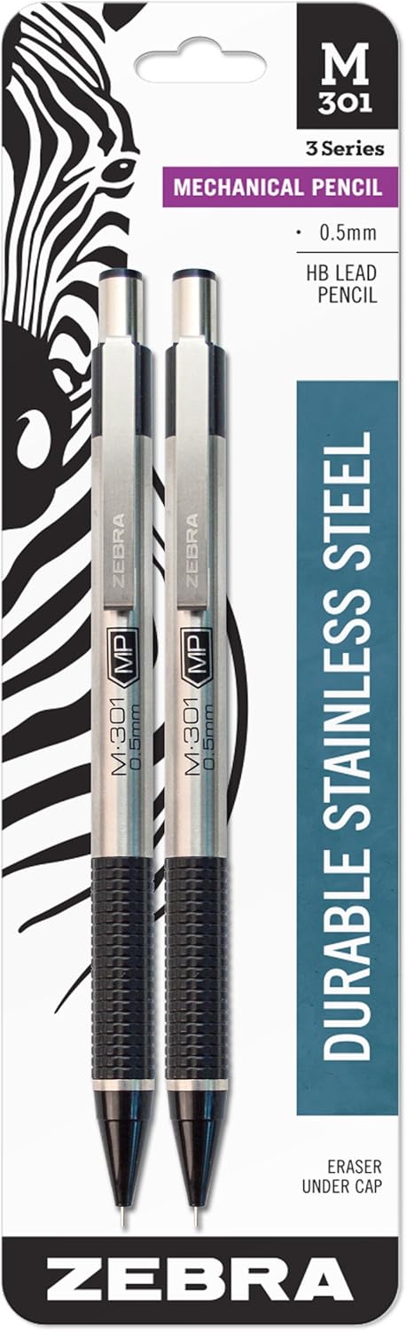 ZEBRA M-301 Stainless Steel Mechanical Pencils, Fine Point, 2-Pack, Model Number: 54012