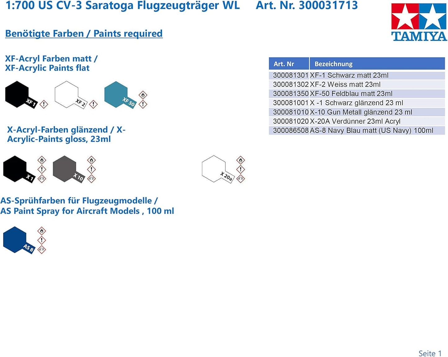Tamiya 31713 1/700 US Aircraft Carrier Saratoga Plastic Model Kit