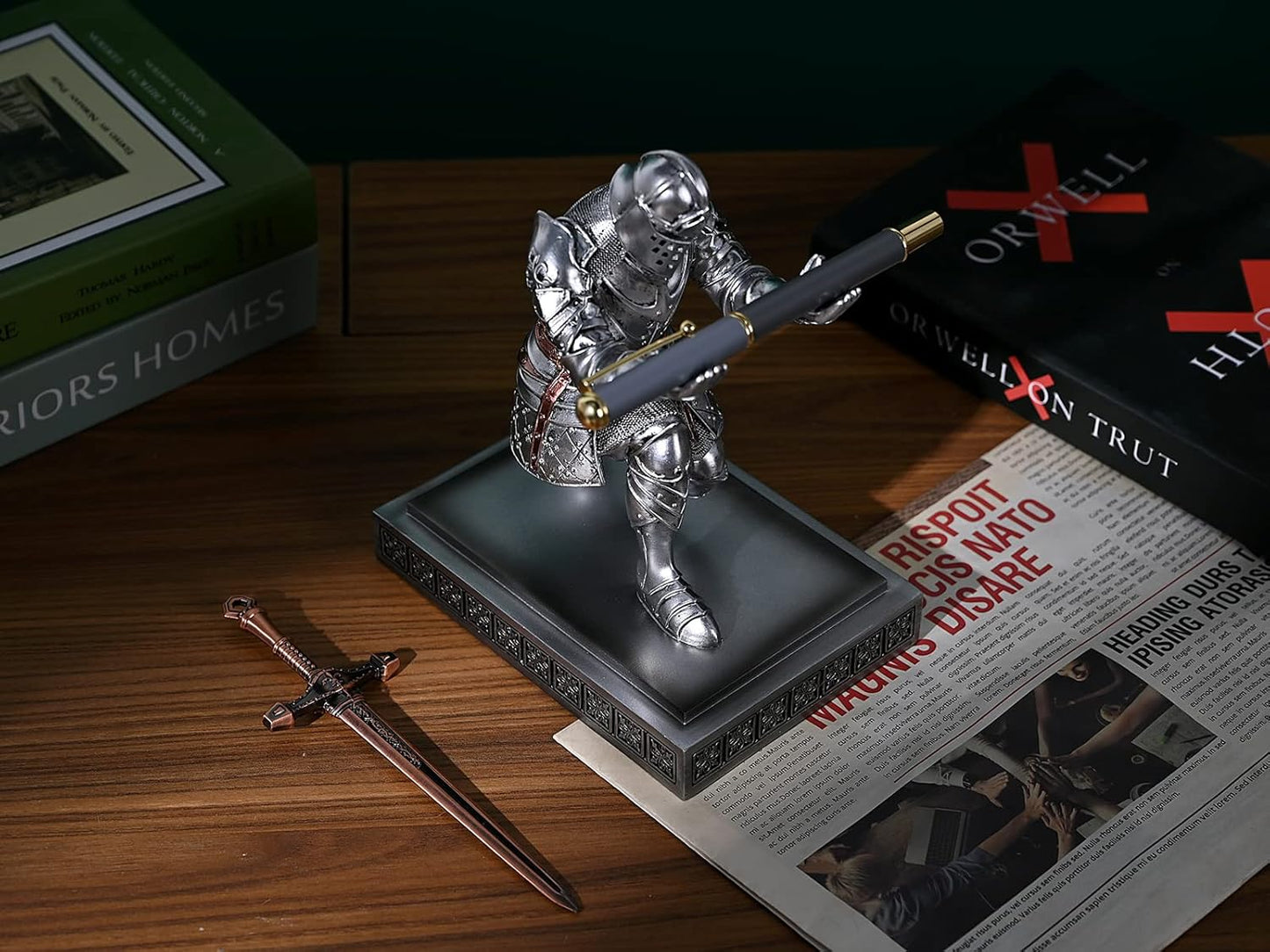 HDMbigmi King's Guard Knight Pen Holder Pen Stand Desk Organizers and Accessories Resin Pencil Holder as Gift with a Metal Sword Letter Opener for Office and Home (Silver)