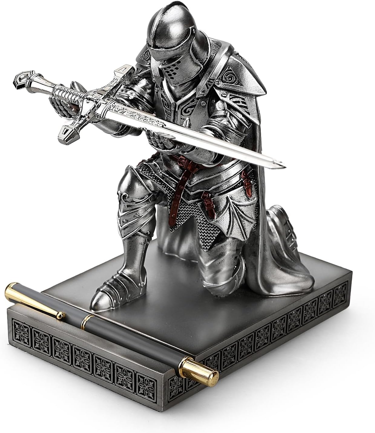 HDMbigmi King's Guard Leader Cloak Warrior Knight Pen Holder Mobile Phone Stand, Ornament Knight Statue, Pen Stand Paperweight with a Metal Sword Letter Opener for Office and Home (Silver)