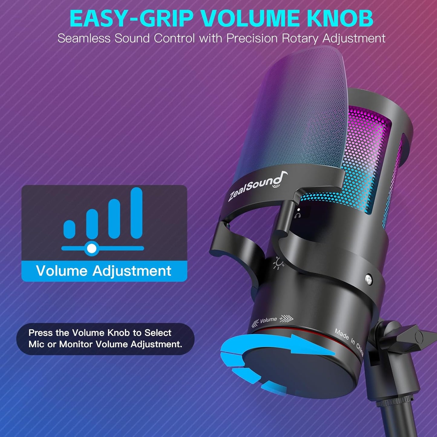 ZealSound Gaming USB Microphone,Noise Cancellation Condenser mic with RGB Light,Touch Mute,Gain,Monitoring for Streaming,Podcast,Twitch,YouTube,Discord,iPhone,iPad,PC,Computer,PS4,PS5,Mac,GamerWave
