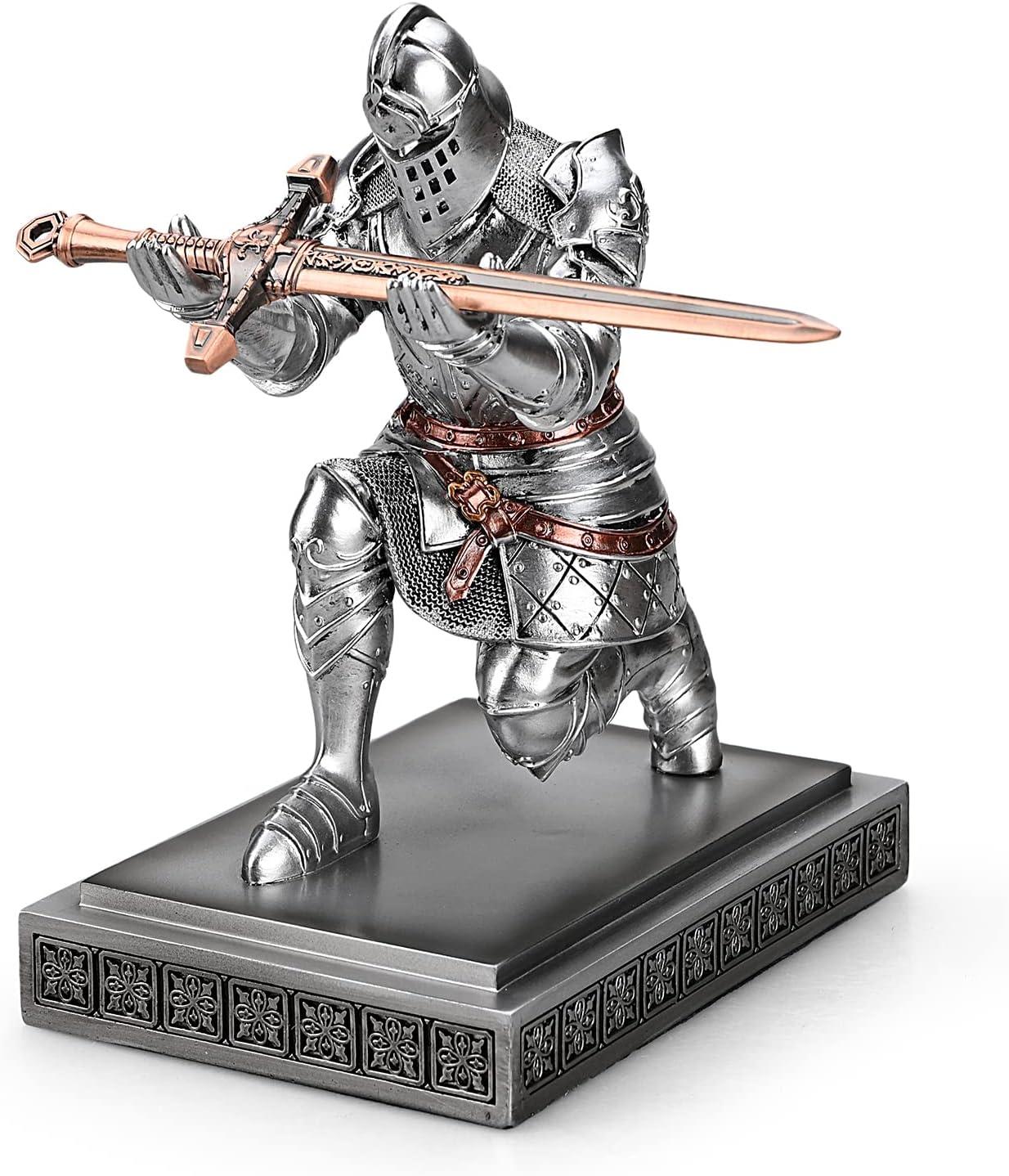 HDMbigmi King's Guard Knight Pen Holder Pen Stand Desk Organizers and Accessories Resin Pencil Holder as Gift with a Metal Sword Letter Opener for Office and Home (Silver)