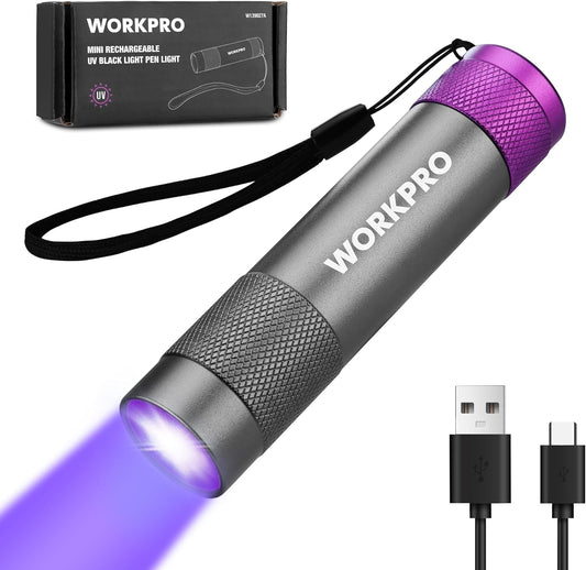 WORKPRO UV Flashlight Black Light, 365nm UV Rechargeable Flashlight, Small Portable Black Light for Pet Dog Urine, Stains Detection/Resin Curing/Fluorescent Agent