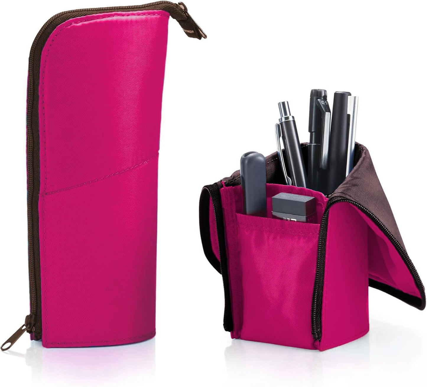 KOKUYO Pencil Case Pouch, Neo Critz Standing Pen Pouch Bag, Foldable Stand up Pencil Holder Organizer, Small Portable Pencil Box for School Office Supplies, Pink x Brown, Regular Size (F-VBF180-4)