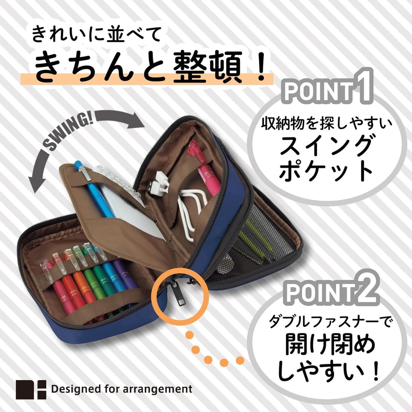 LIHIT LAB Large Capacity Double Zipper Pencil Case For School Office College, Big Capacity 6 Compartments Pencil Bag Holder Adults Teen Boys Girls, Travel Cosmetics Storage, Indigo (A7555-11)