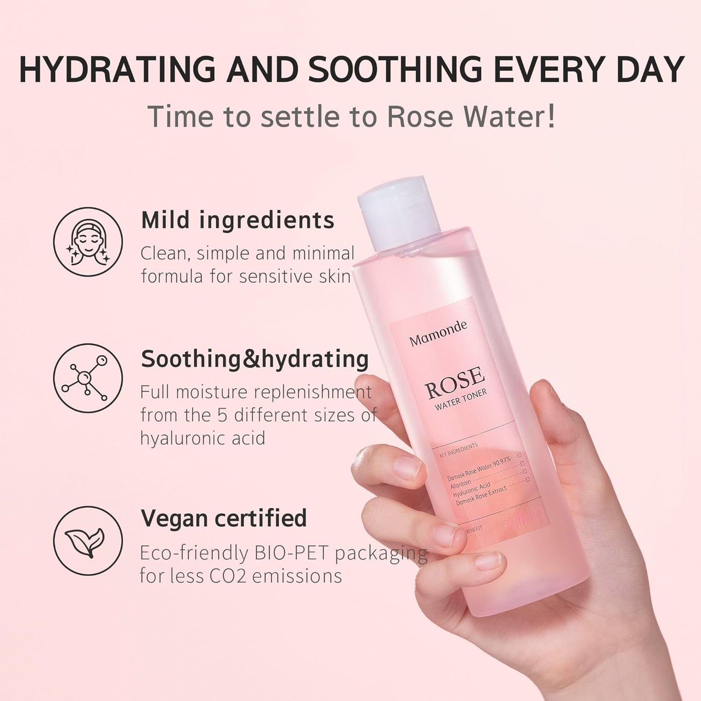 Mamonde Rose Water Vegan Toner for Face - 90.97% Pure Rosewater, Organic Certified, Soothing and Hydrating, Alcohol-Free, Korean Skin Care, 8.45 Fl Oz