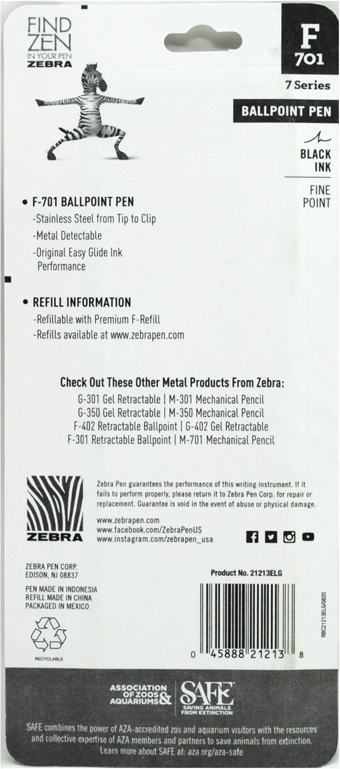 ZEBRA F-701 Metal Pen - Ballpoint Fine Point Stainless Steel - 0.8mm - Black Ink - Retractable ZEBRAs with 2 Black Ink Refills