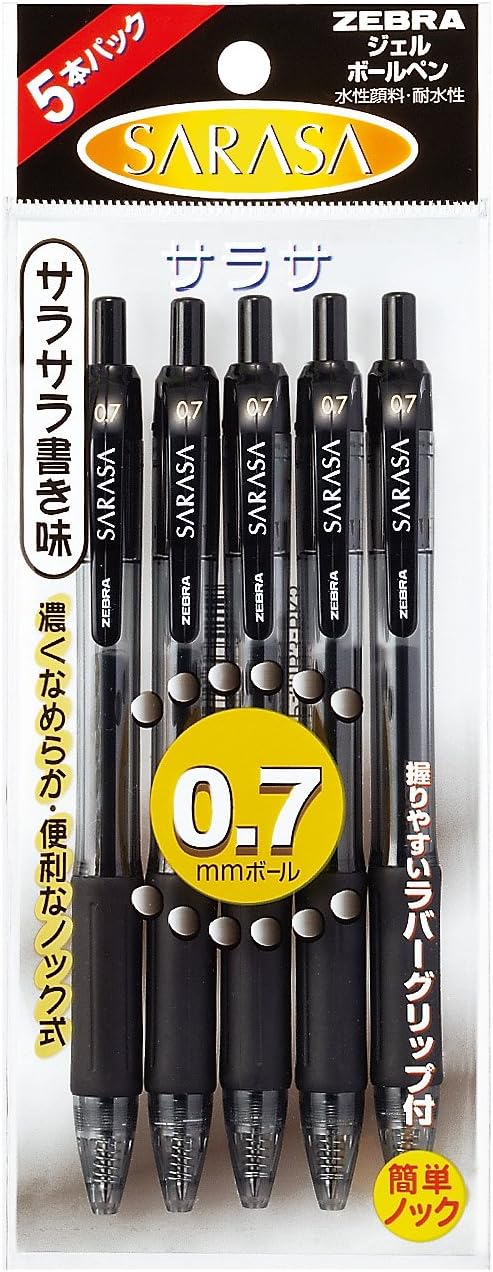 ZEBRA P-JJB3-BK5 Gel Ballpoint Pen, Sarasa, 0.7, Black, 5 Pens