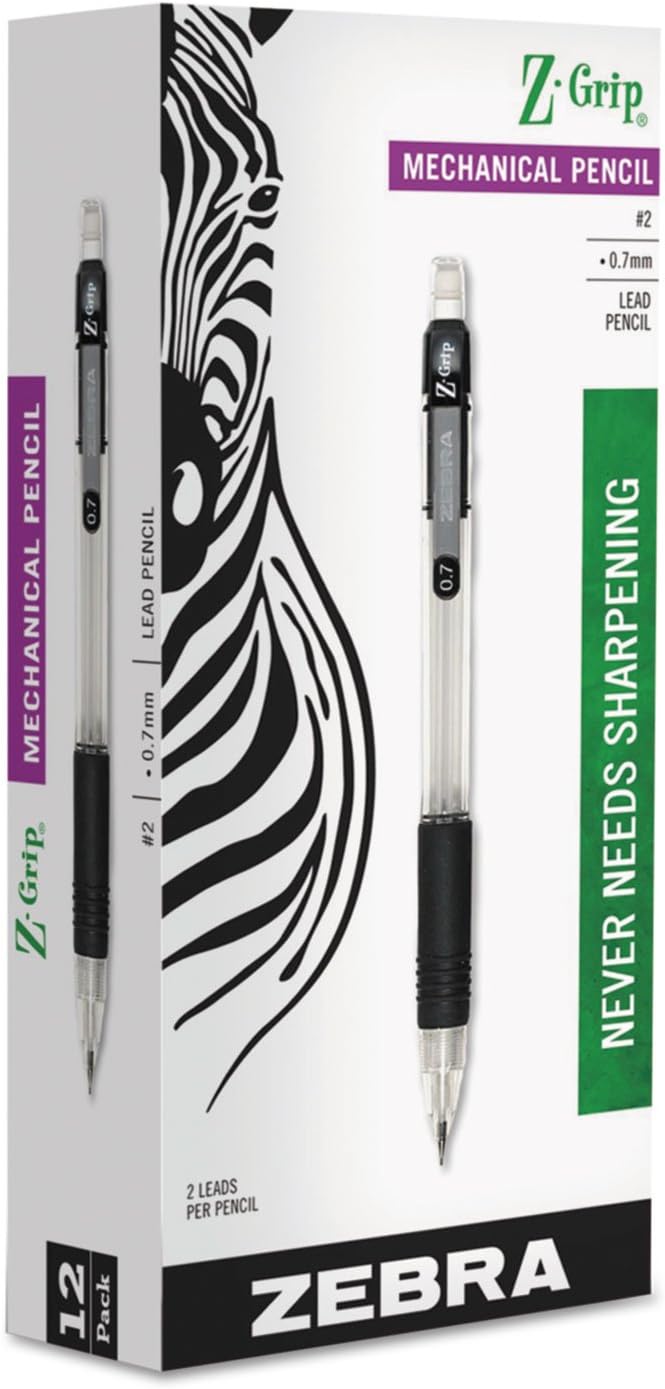 ZEBRA 52410 Z-Grip Mechanical Pencil, HB.7mm, Clear, Dozen