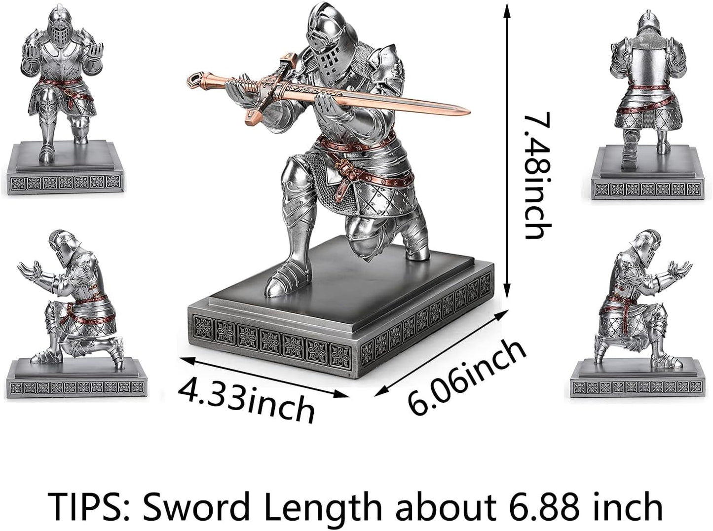 HDMbigmi King's Guard Knight Pen Holder Pen Stand Desk Organizers and Accessories Resin Pencil Holder as Gift with a Metal Sword Letter Opener for Office and Home (Silver)