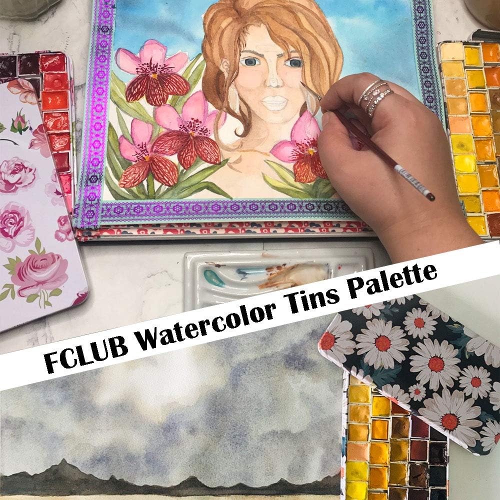 FCLUB Magnetic Empty Watercolor Palette Tin with 20pcs Empty Watercolor Full Pans Carrying Strong 3M Magnetic Squares for Artist Paints DIY Watercolor Oils