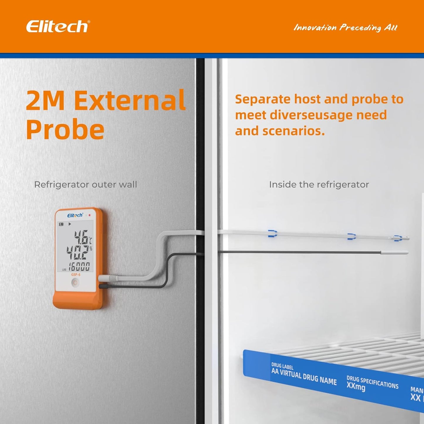 Elitech Digital Temperature Humidity Data Logger Pharmacy DDL with Calibration Certificate to auditor, Refrigerator Thermometer Vaccine Fridge Temperature Monitor Max Min Value GSP-6