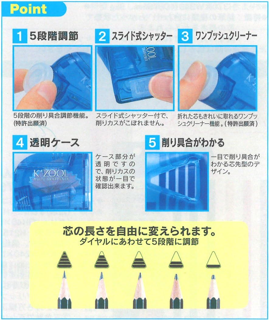 Kutsuwa STAD Angle Adjustable Pencil Sharpener K'ZOOL, Transparent Blue (RS007BL)