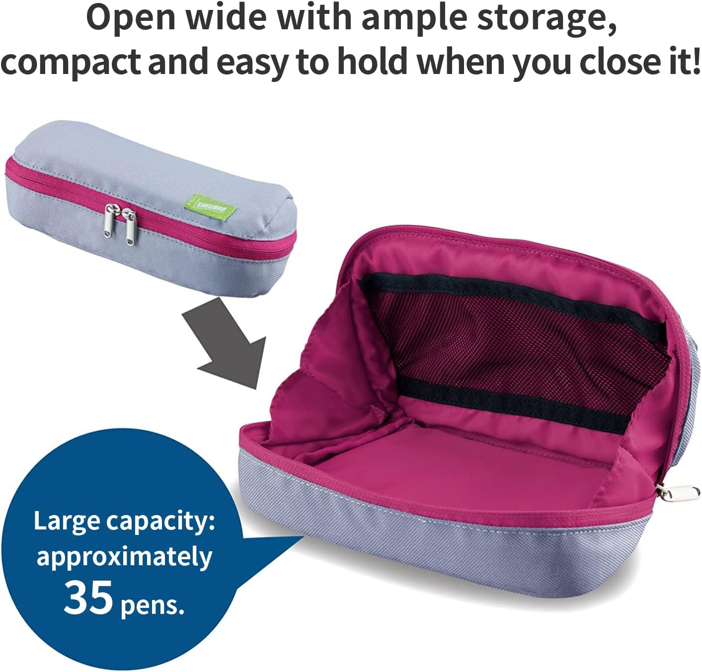 Kokuyo Shellbro Pen Case, Shell-shaped structure, Big Capacity Pencil Case, Large Pencil Pouch, Stationery Pen Bag, Gray x Pink, Japan Import (F-VBF190-3)