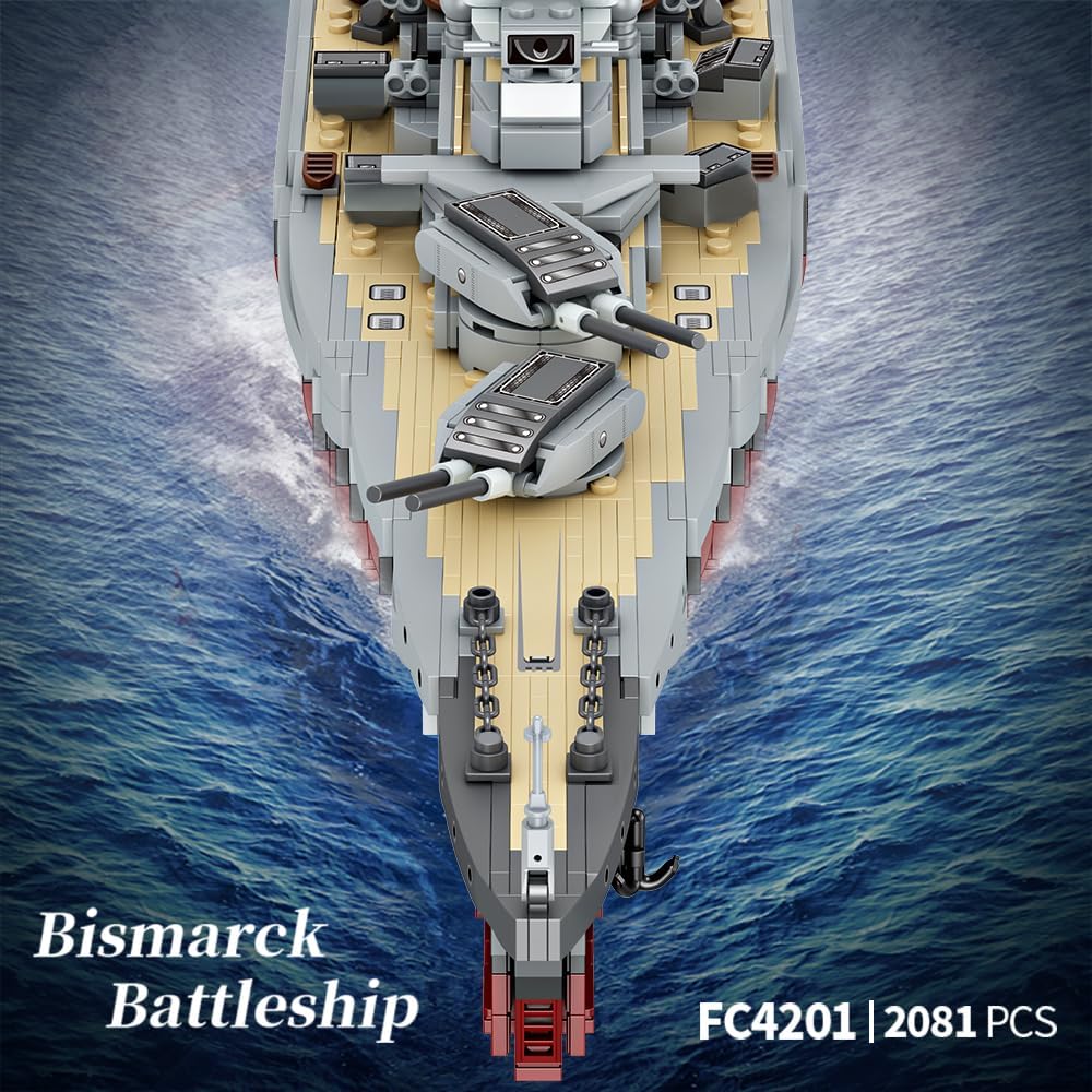 MISINI Technik FC4201 German Battleship Bismarck Clamp Blocks, 2081 PCs/MOC Large WWII German Military Warship Marine Battleship Model for Adult