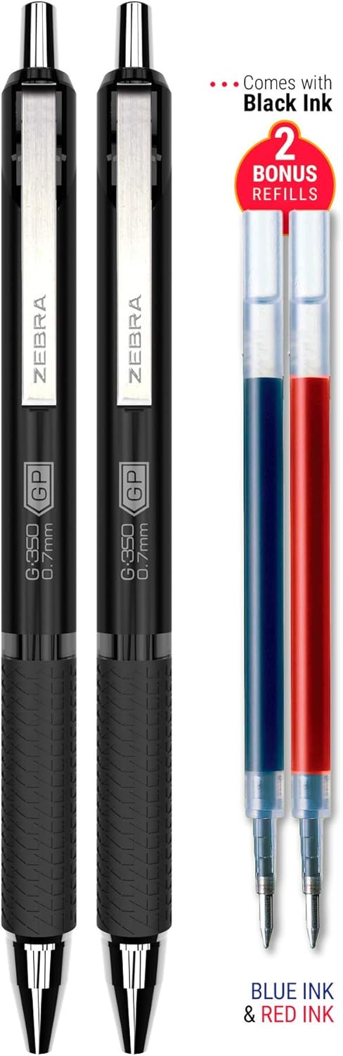 ZEBRA G-350 Retractable Gel Pen, Medium Point, 0.7mm, Space Black Barrel, Black Rapid Dry Ink, 12 Pack, Model: 40710