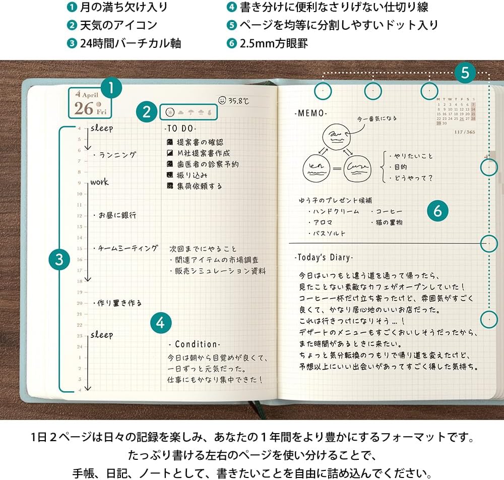 Midori hibino 22290006 Planner, 2024, A6, Daily Blue-Green (Starts January 2024) (blue green)