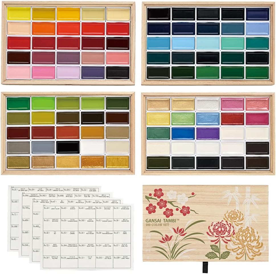 Kuretake GANSAI TAMBI Watercolor Paint Set, 100 Color, Beautiful Wooden Box, Professional-Quality for Artists, for Adult, Made in Japan