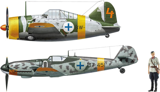 Hasegawa 02439 1/72 Finnish Air Force B-239 Buffalo & Messerschmitt Bf109G-6 Uilainen w/Figure Plastic Model
